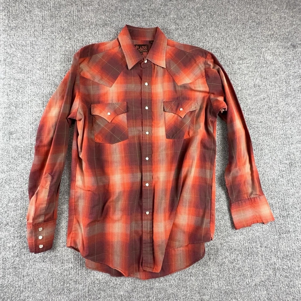 Plains Western Wear Shirt Mens Medium Plaid Pearl Snap Long Sleeve Orange Red
